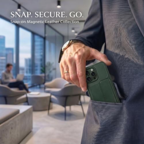 Image of amazon basics Luxury Vegan Leather Back Cover for iPhone 16 | Built-in Card Holder Slot | Integrated Mobile Stand | Slim Shockproof Protective Case with Stitched Finish - Green