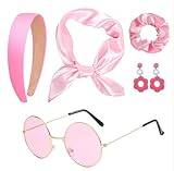 WETEPUXI 5 Pcs 60s 70s Women Hippie Disco Costume Accessories Set with Headband Earrings Sunglasses Silk Scarf (Pink)