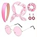 WETEPUXI 5 Pcs 60s 70s Women Hippie Disco Costume Accessories Set with Headband Earrings Sunglasses Silk Scarf (Pink)