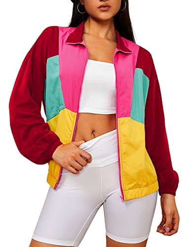 WDIRARA Women's Color Block Zipper Front Long Sleeve Sporty Windbreaker Jacket