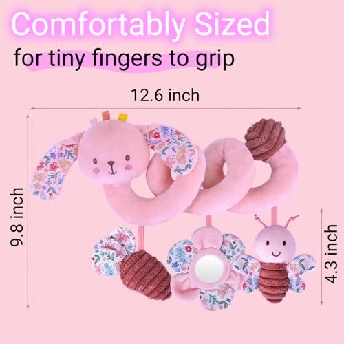 Image of Spiral Car Seat Toy for Babies 0-6-12 Months Girl, Stroller Hanging Baby Toys 0-3-4-5-6-7-8-9-12 Month Old Newborn Infant Toddler Rabbit Gifts Travel Carseat Mirror Crinkle Bunny Accessories