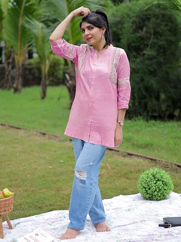 Image of Women's Viscose Rayon Embroidered A-Line Short Kurti Above Knee Regular Fit Tunic Top Office Wear Casual short kurti for women | office wear top | A-line kurti | raksha bandhan gift dress for women