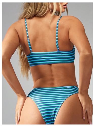 MakeMeChic Women's 2 Piece Bikini Set Striped Spaghetti Strap High Cut Summer Swimsuit3