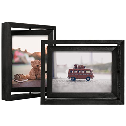 black double sided picture frame - Egofine 2 Pack 5x7 Rotating Floating Picture Frames,Double-Sided Display with HD Glass Front Wooden Distressed Frame for Vertical or Horizontal Tabletop Display, Black