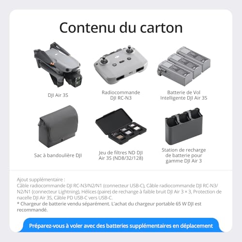Bundle Fly More DJI Air 3S (RC-N3), drone avec caméra grand-angle CMOS 1'' & télécaméra moy., vidéo HDR 4K/60 ips, détection d’obstacles omnidir. en paysage nocturne & 3 batteries pour un vol prolongé