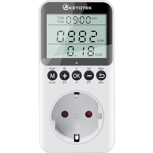 KETOTEK Miernik prądu do gniazdka, miernik kosztów energii z ekranem LCD, miernik zużycia prądu 16A, licznik energii, zabezpieczenie przed przeciążeniem, 3680 W