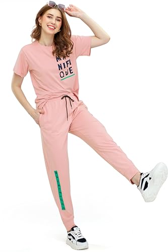 Image of ZEYO Women's Cotton Typography Printed Night Suit Pajama Set of Top & Joggers