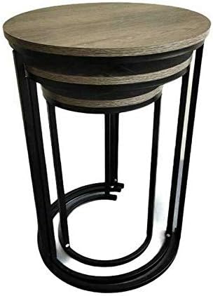 Set of 3 Round Vintage Wooden/Steel Nesting Side Coffee Tables Stacking Sofa Side Tables, Space Saving Coffee Tea Table for Hallway Living Room Bedroom Office Rustic Brown+Black, Round