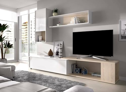 STRUTTURA E UTILIZZO - Mobile TV per salotto composto da una base porta televisione con un'anta a ribalta, due vani interni e un vano aperto, una mensola e un pensile con due ripiani e un'anta battente - La scelta dei vari mobili che compongono questa composizione da salotto rendono il design di questo articolo d'arredamento funzionale e salvaspazio - Set soggiorno color rovere e bianco lucido, perfetto per arredare un salotto, sala da pranzo oppure una stanza open space