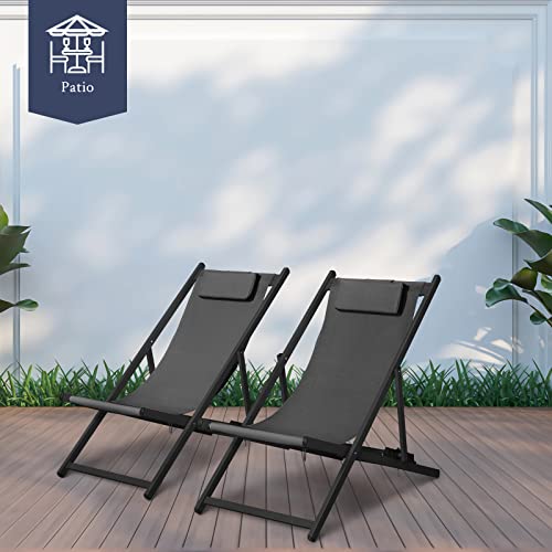 Ricnod Outdoor Patio Chairs Folding Sling Chairs Set Of 2 Portable Aluminum Lounge Chairs Adjustable Beach Chairs Reclining Lawn Chairs With Headrest, Grey (Rics01) #TOP5