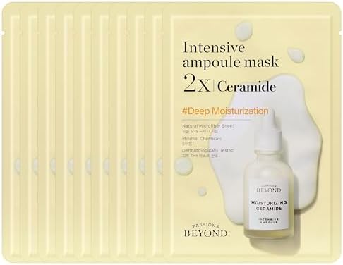 BEYOND Intensive Ampoule Mask 2X Ceramide for Hydrating and Moisturizing Care for Dry and Sensitive Skin - Hypoallergenic Facial Sheet Masks for Intensive Skin Hydration (25ml/0.85fl oz* 10 sheets)