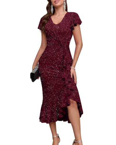 Biodeer Women Sparkly Dresses Wedding Cocktail Party Ruffle Sleeves Ruched Wrap Sparkly Glitter Dress Wine Red 3XL