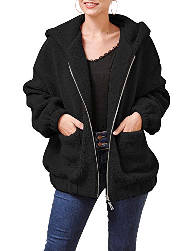 LATH.PIN Women's Coat Oversized Winter Warm Shearling Fuzzy Sherpa Faux Fluffy Zip Up Hoodied Outwear Jackets Coat (Black, XL)