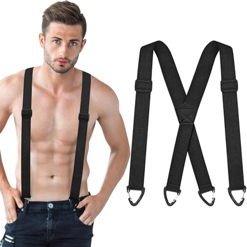 beueyfr Heavy Duty Men's Braces with Carabiner Hooks, Adjustable X-Back Tactical Suspenders for Work & Outdoors, Elastic High-Elasticity Trouser Braces for Men - Black