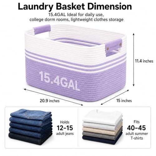 Image of 15.4GAL Woven Laundry Basket for Kids, Cute Boho Square storage basket for Living Room Decor, Baby Girls Boys Toys Stuffed Animal Decorative Short Hamper for Dirty Clothes, Bath Towel White Purple