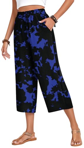 Anyhold Womens Capri Pants Loose High Waisted Wide Leg Lounge Pants Drawstring Casual Palazzo Trousers with Pockets Large, Purple Print