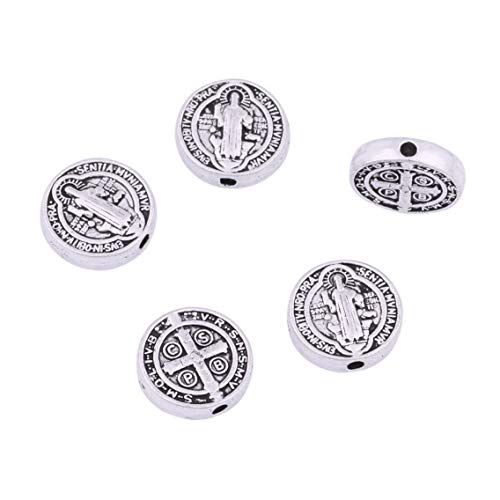 80 Antique Silver Religious Wear Saint Benedict Medallion Round Loose Spacer Beads Jewelry Making Charms for DIY Necklace Bracelet Jewelry