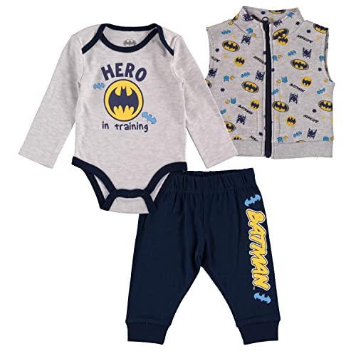 Happy Threads Baby Boy 3 Piece Set Includes Bodysuit, Pants and a Zip-up Vest (Grey/Black/Yellow, 6-9 Months)