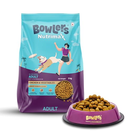 Image of Bowlers Nutrimax Adult Dry Dog Food | Chicken & Vegetables | 3 kg Protein | Smooth Digestion & Healthy Coat | Complete & Balanced Nutrition | Enriched with Essential Amino Acids