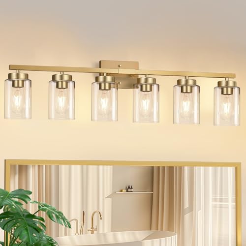 Image of IZORRO Bathroom Light Fixtures, Modern Vanity Lights, Bathroom Lighting Fixtures Over Mirror with Clear Glass Shade, Wall Sconce for Living Room Cabinet Bedroom (Brushed Gold, 6-Light)