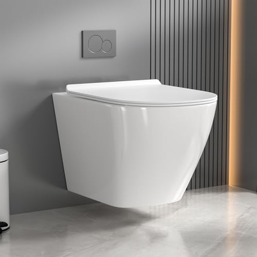 Skokliz WC suspendu sans rebord – 52 cm de long, 360 ° monotrou Superspin, chasse murale, en céramique, silencieux, cuvette et abattant WC avec système...