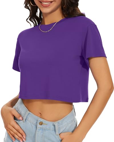 Image of Womens Summer Crop Tops Short Sleeve Round Neck T-Shirts Loose Fit Casual Blouse 2026