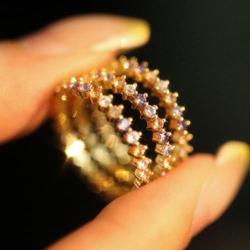 AMORAMOR & FOREVER Dainty Eternity Stackable Ring for Women – 14K Gold Plated Thin Rainbow Band with Colorful Cubic Zirconia, Cute CZ Wedding Ring4