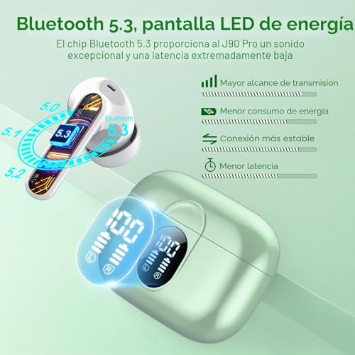 Miniatura 5 de Csasan Auriculares Inalambricos, Auriculares Bluetooth 5.3 Hifi Estéreo Con Hd Micró, Pantalla Led Cascos Inalambricos Reproducción De 40h, Control Táctil, Ipx7 Impermeable, Carga Rápida Usb-C Verde