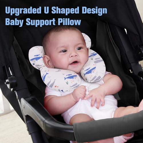 Image of KAKIBLIN Baby Travel Pillow, Upgraded Baby Neck Pillows for Car Seat, Infant Neck Support Pillow for Head and Neck,Newborn Head Support for Car Seat, Stroller, Pushchair(Whale)