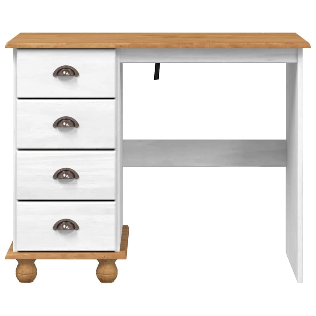 Biurko ASKIM białe lite drewno sosnowe, 95 x 40 x 75 cm, metalowa rama, stabilny stolik komputerowy z szufladami, do gabinetu, domu, biura, stół gamingowy