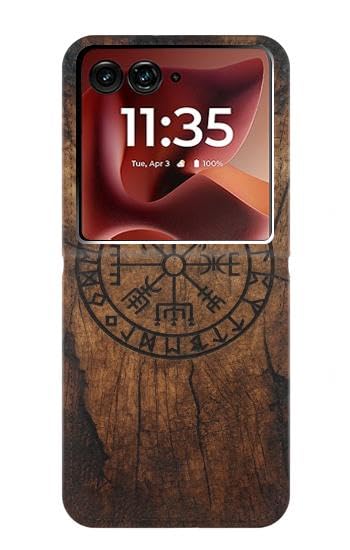 Étui Cuir Motorola Razr 50 Ultra Anti Rayures Antichoc à Rabat Style Boussole Viking Bois