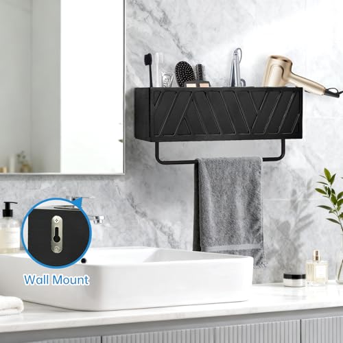Hair Tool Organizer Wall Mounted with Towel Bar, Wood Hair Dryer and Styling Holder for Bathroom, Vanity Caddy Storage Stand for Storage Bathroom Accessories, Flat Iron, Blow Dryer, Brushes(Black) - Thumbnail 5