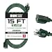 15 Foot Outdoor Extension Cord - 16/3 SJTW Durable Green Extension Cable with 3 Prong Grounded Plug for Safety - Great for Garden and Major Appliances