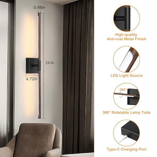 Image of Morauroral 24″ Walnut Black Battery Operated Wall Sconces, Dimmable Wall Sconces with Remote Control, Rechargeable Sconces Wall Lighting, LED Wireless Wall Lights for Bedroom, Living Room, Bathroom