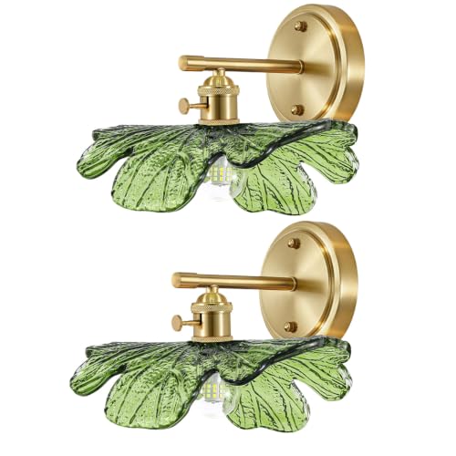 Image of Green Glass Sconce 2 Light Leaf Bathroom Vanity Light Mid Century | Vintage Wall Sconces Set of 2 Gold Wall Lamp, E26 Brass Base, Vanity Light fixtures, Living Room Hallway Entryway