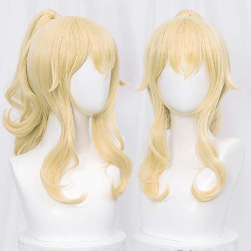 Amback Blonde Princess Jean Cosplay Wig with Elf Ears for Women Girls, Golden Wavy Wig with Clip-On Ponytail Princess Hair Halloween Costume Wig + Wig Cap (Jean-Golden)