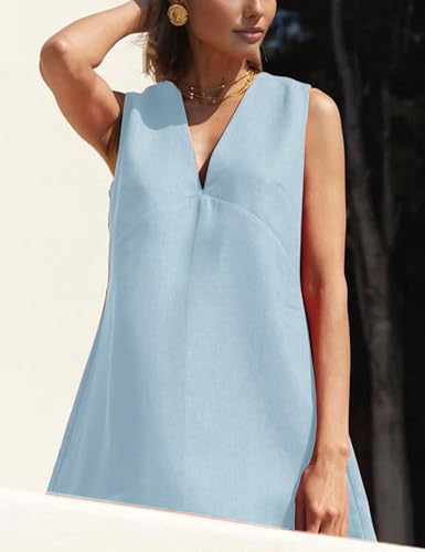 Womens Summer Cotton Linen V Neck Short Dress Sleeveless Mini Dress Casual A Line Tank Sundress4