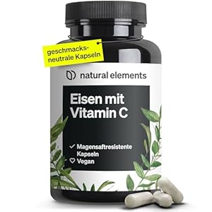 Eisen 20mg (aus Eisenbisglycinat) pro Kapsel – mit 42mg natürlichem Vitamin C – vegan, geschmacksneutral – 180 magensaftresistente Kapseln – Premium-Rohstoff: FerrochelTM (Eisen-Chelat)