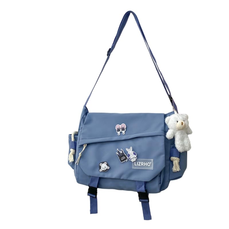 CHENXIAOHONG Bolsa mensageiro feminina grande com alça transversal, estilo escolar, com patches e opção com ursinho – bolsa de ombro espaçosa para faculdade e dia a dia.(Azul + borda + grosso)