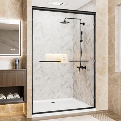 44-48" W x 72" H Double Sliding Shower Doors for Bathroom, 1/4 inch(6mm) Clear Tempered Glass with Semi-Frameless Bypass Aluminum Frame & Stainless Steel Handle(Matte Black)
