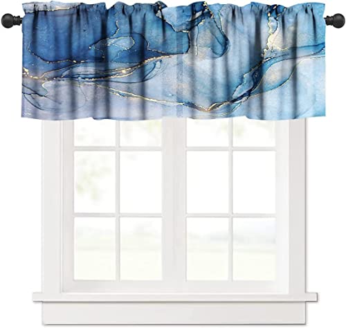 Marble Valance, Blue and Gold Ink Abstract Art One Panel 52x18in