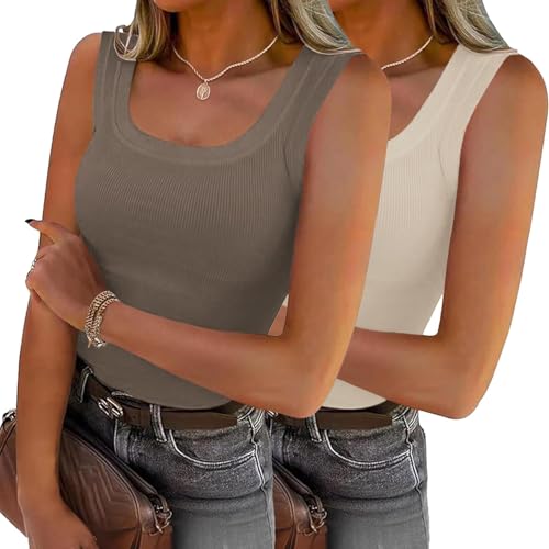 Zeagoo Womens Summer Tops Square Neck Ribbed Tank Tops Slim Fitted Racerback Sleeveless Shirts Basic Casual 2 Pack