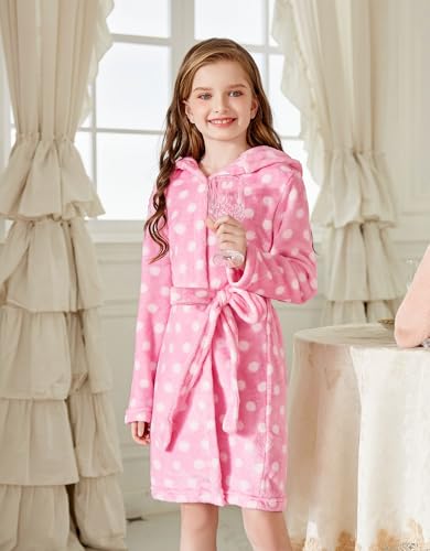 Arshiner Boys Girls Flannel Bathrobes Soft Fuzzy Hooded Robe Sleepwear with Belt for Kids2