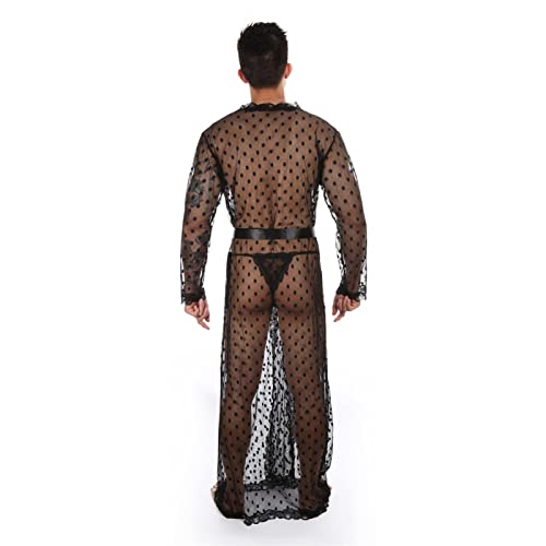 Men Long Sleeve Lace Bathrobes Nightwear Mesh Fishnet Kimono Robes G-String Thong Sleepwear Pajama Set (Black,Xx-Large) #TOP1