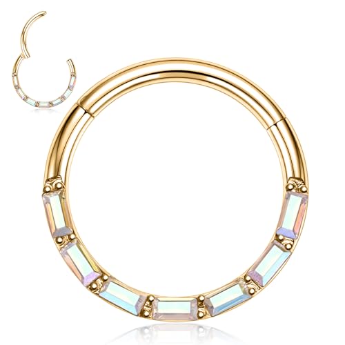 FUNLMO Septum Ring Daith Piercing Jewelry Septum Jewelry Nose Ring Helix Tragus Rook Conch Piercing Jewelry Cartilage Earring Hoop 316L Surgical Steel 16G 8mm Gold Aurora Borealis Cube Zircon