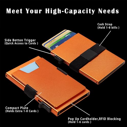 Image of Minimalist Mens Card Holder Wallet, RFID Blocking Slim Smart Pop Up Aluminum Wallet,Holds 12+ Cards,Expandable Compact Plate,Cash Strap /Money Clip (Orange)