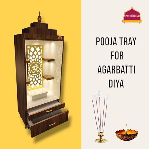 Image of Wooden Mandir, Designer Mandir for Home, Office, Golden Jali, White Colour, 18 mm Board (Brown)