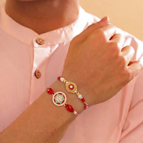 Image of Peora Rakhshabandhan Thread Rakhi for Brother Bhaiya | Kundan Beads & Crystal Studded | Combo Set of 2 | Rakhi Hamper Roli Chawal & Greeting Card