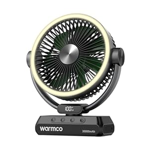 Warmco 30000mAh 30W Camping Fan, Rechargeable Battery Powered Fan for Tents, Portable Desk Fan with LED Light, Max 99H Runtime Sleep Mode, Timer & Hook for Fishing, Travel, Office, Black