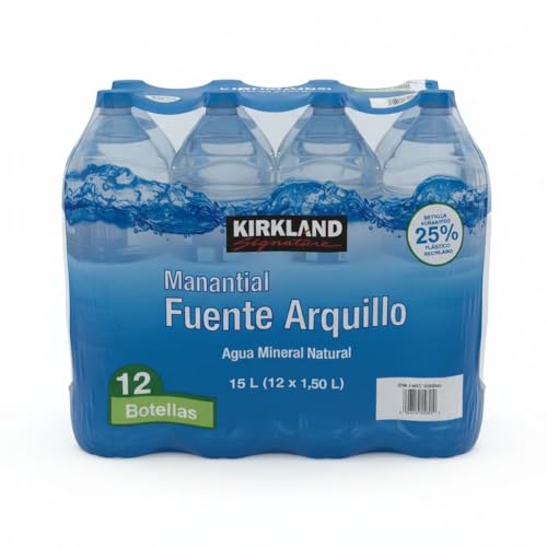 Agua Mineral Natural Manantial Fuente Arquillo -Kirkland Pack de 12 Botellas de 1,5L (Total 18L) - Para Hidratación Familiar y Sostenible- Nexu
